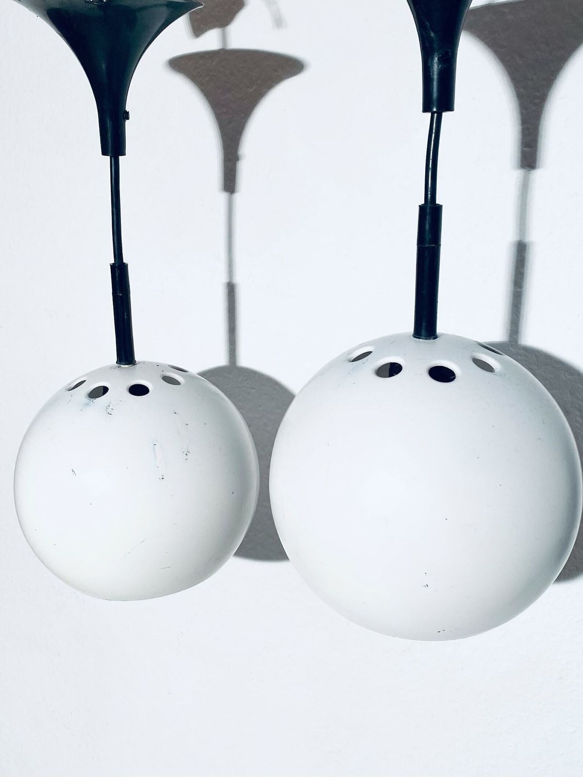 Two 1970s Luminaires Nf Metal White Globe Hanging Lamps / Vintage Decor France photo furniture