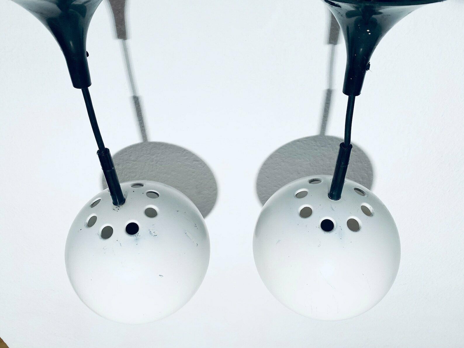Two 1970s Luminaires Nf Metal White Globe Hanging Lamps / Vintage Decor France photo for sale