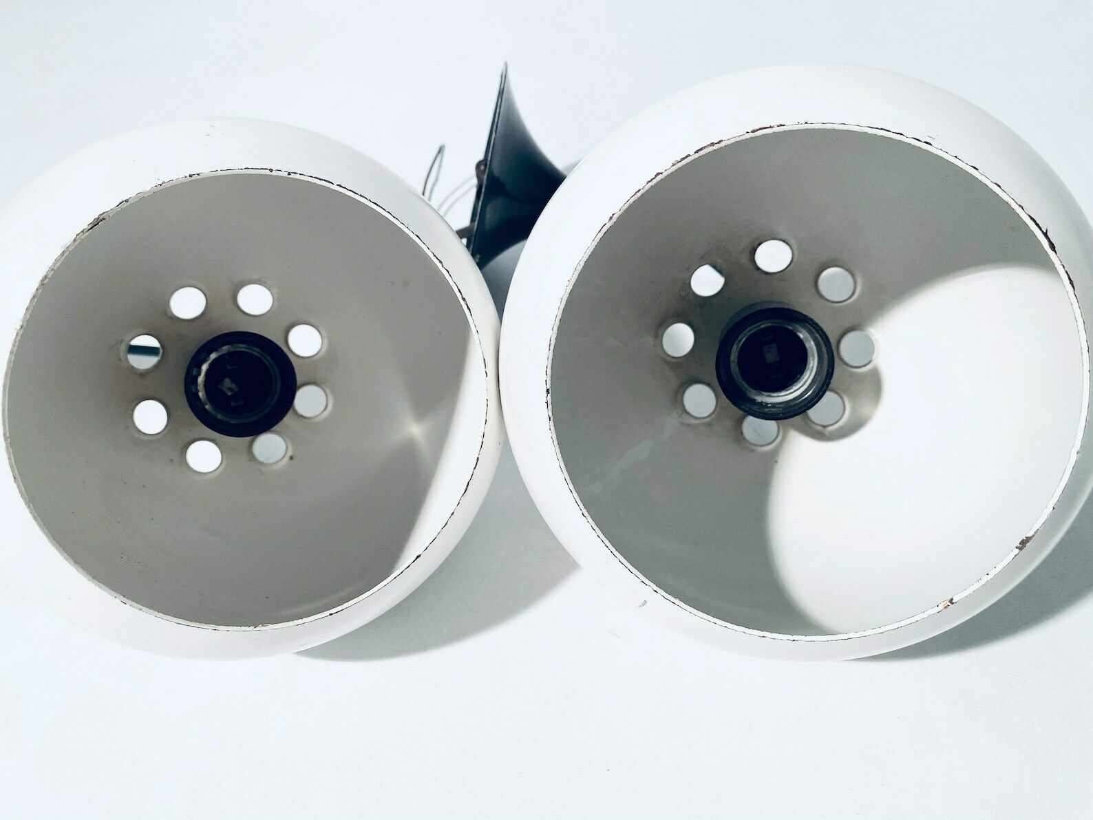 photo furniture Two 1970s Luminaires Nf Metal White Globe Hanging Lamps / Vintage Decor France