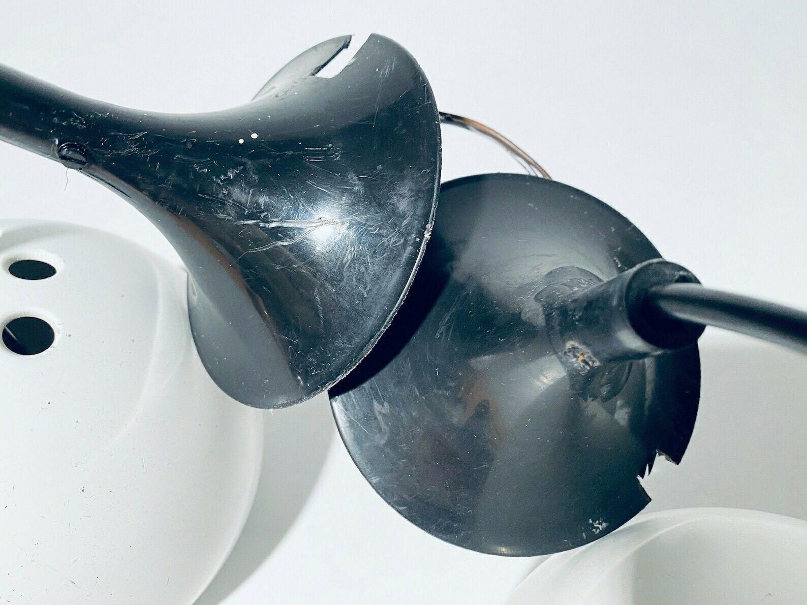 photo for sale Two 1970s Luminaires Nf Metal White Globe Hanging Lamps / Vintage Decor France