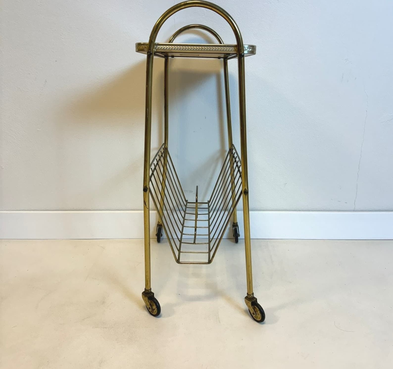Vintage Mid Century Modern Brass Trolley Magazine Holder Table Mcm 60s photo Furniture