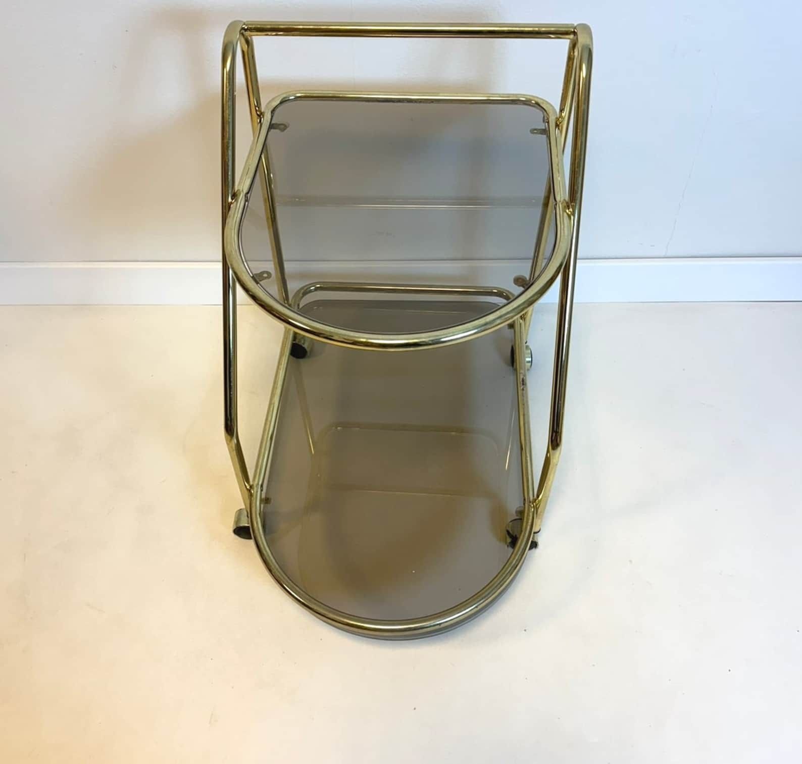 Vintage Hollywood Regency Brass/Smoked Glass Bar Cart photo 592.0