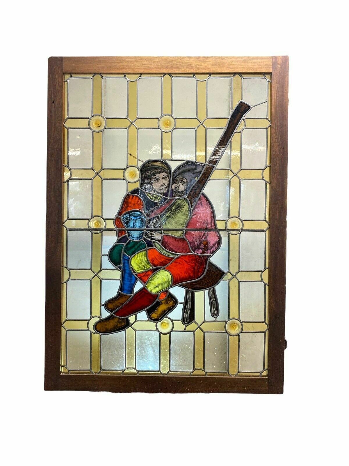 Large Medieval Stained Glass Hand Painted Window Panel Old Refufb Antique Lead photo furniture