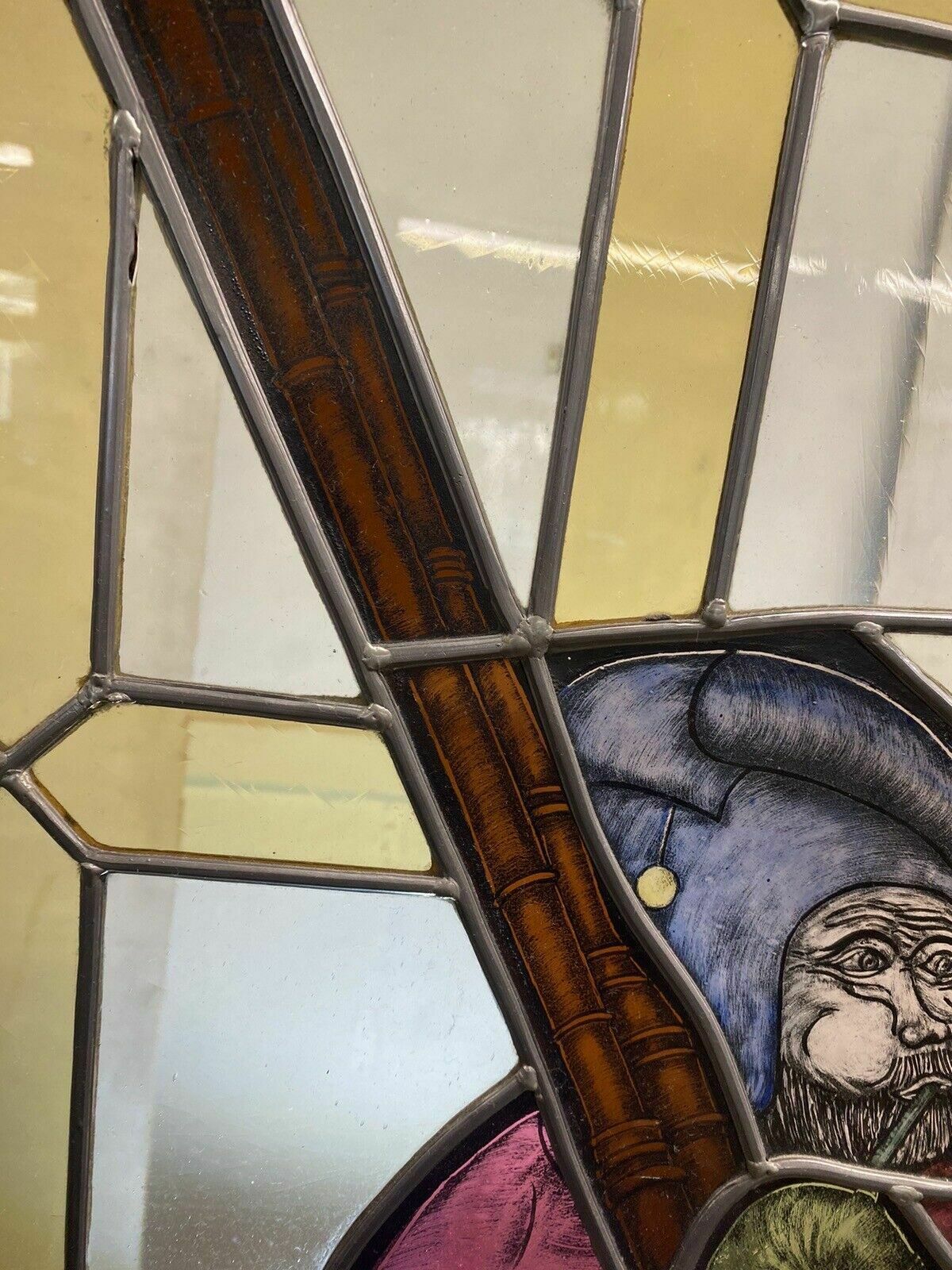 photo buy Large Medieval Stained Glass Hand Painted Window Panel Old Refufb Antique Lead