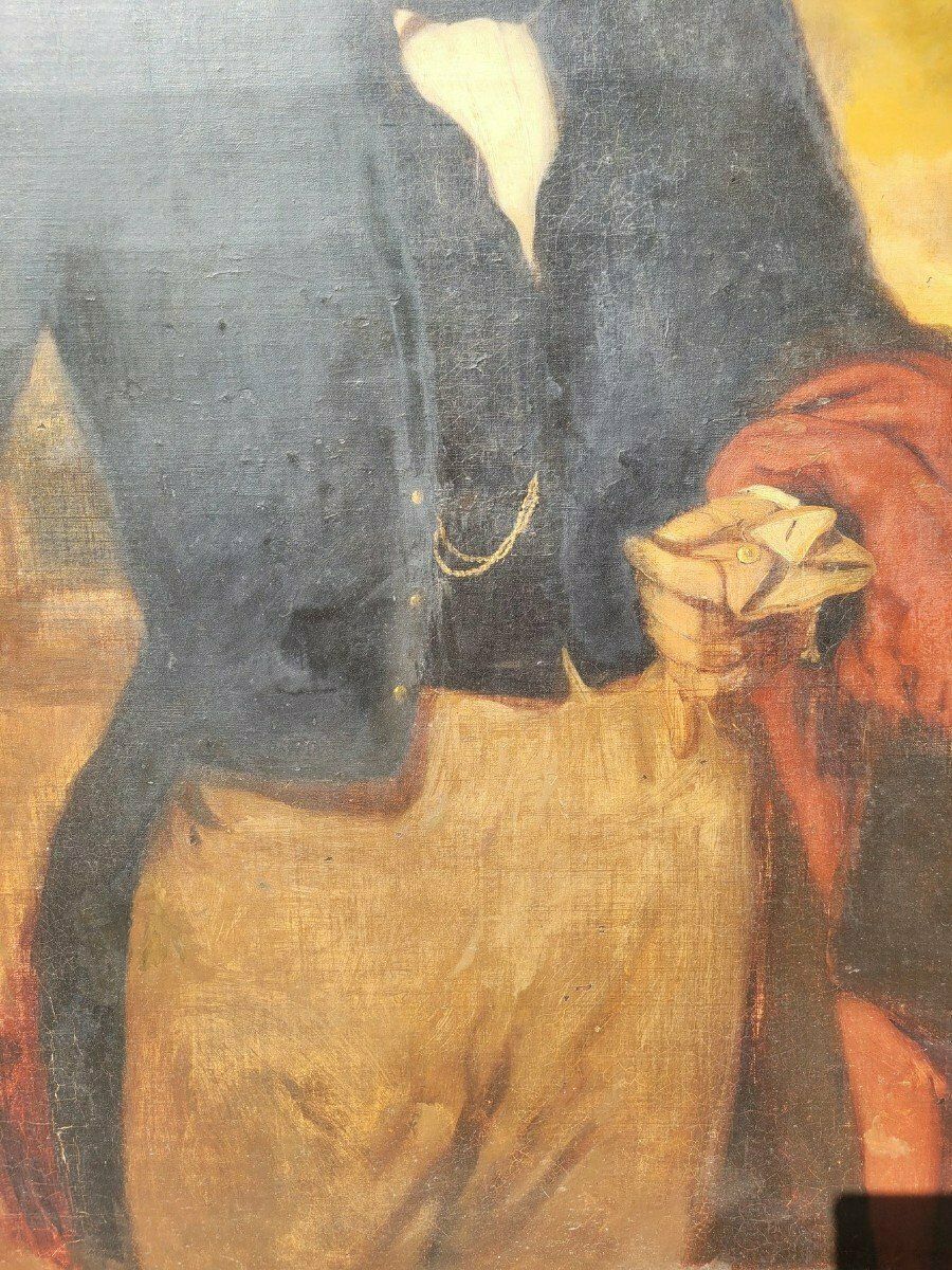 Portrait Of An Aristocrat, Large Oil On Framed Canvas, 19th Century Flag photo for sale