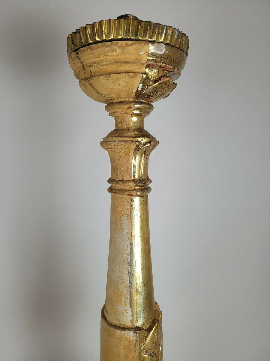 Suite Of 3 Large Candlesticks In Golden Wood, Early 19th Century Flag photo vinterior