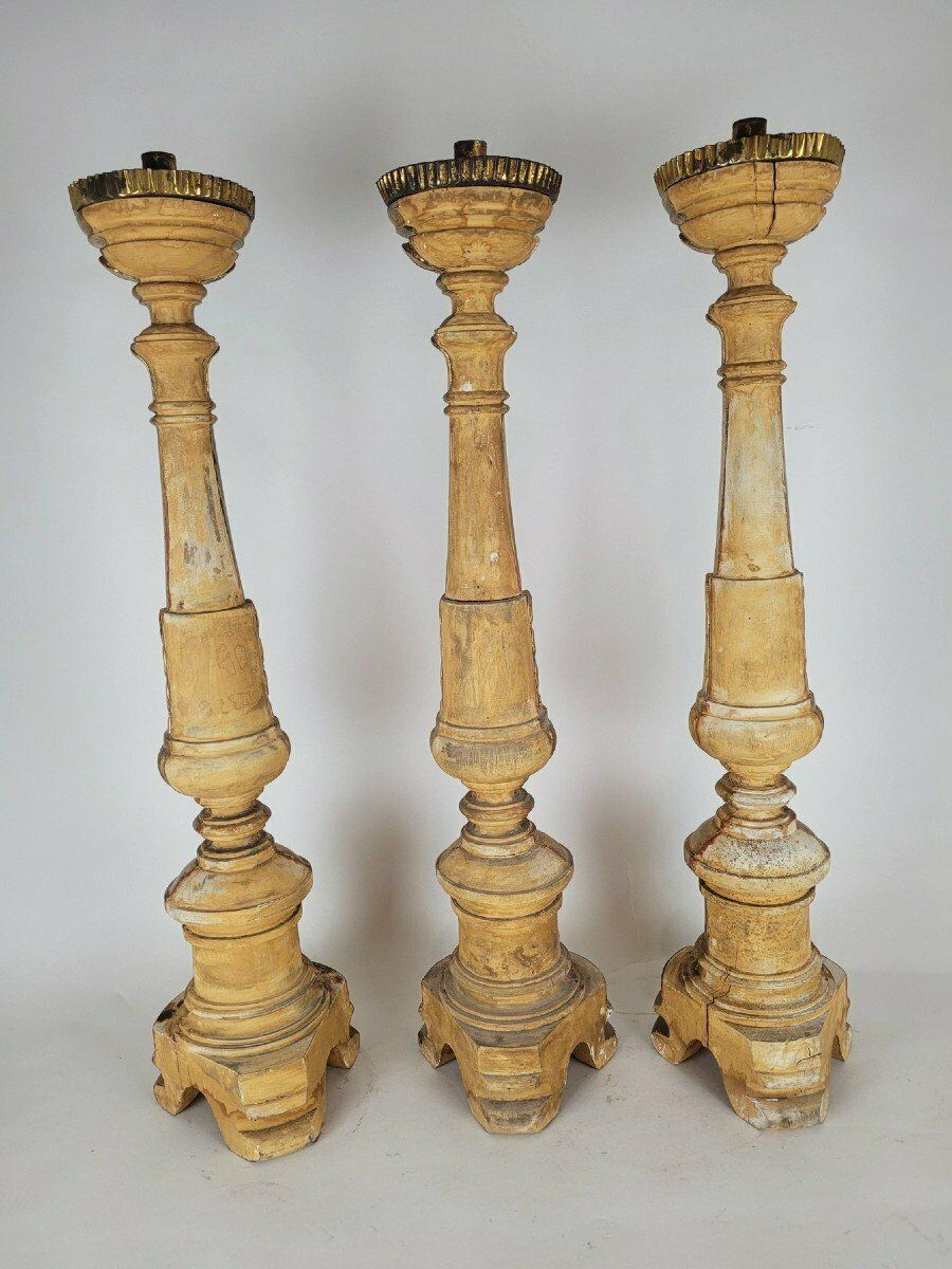 Suite Of 3 Large Candlesticks In Golden Wood, Early 19th Century Flag photo buy