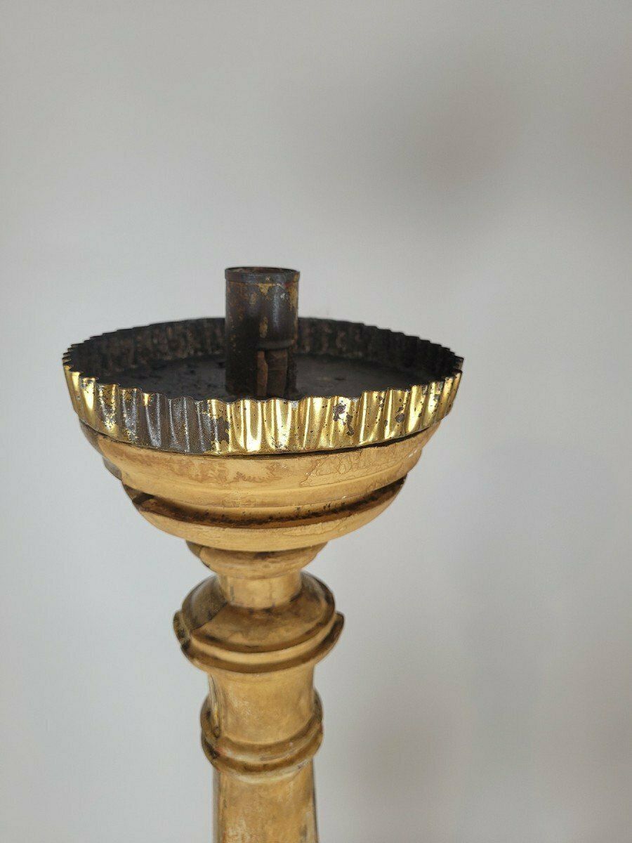 Suite Of 3 Large Candlesticks In Golden Wood, Early 19th Century Flag photo vintage