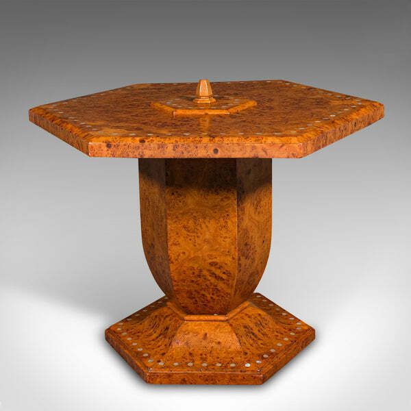 Vintage Hexagonal Coffee Table, English, Burr Walnut, Centrepiece, Art Deco photo buy