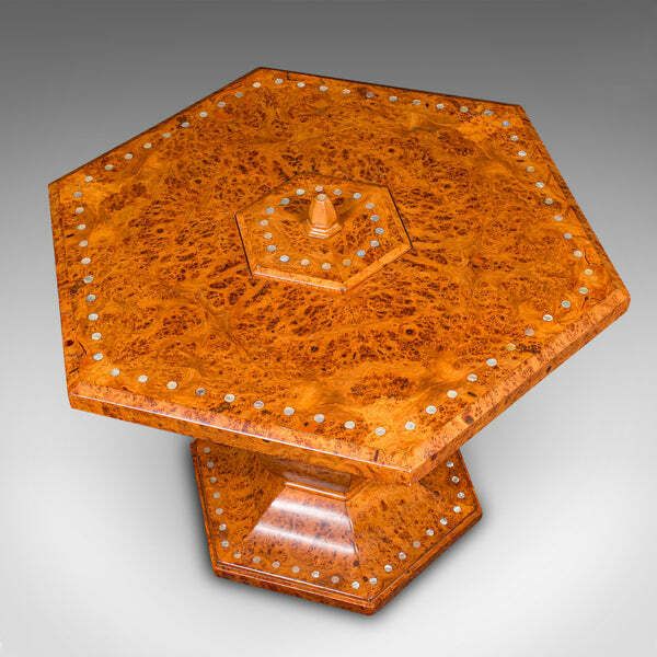 Vintage Hexagonal Coffee Table, English, Burr Walnut, Centrepiece, Art Deco photo vintage