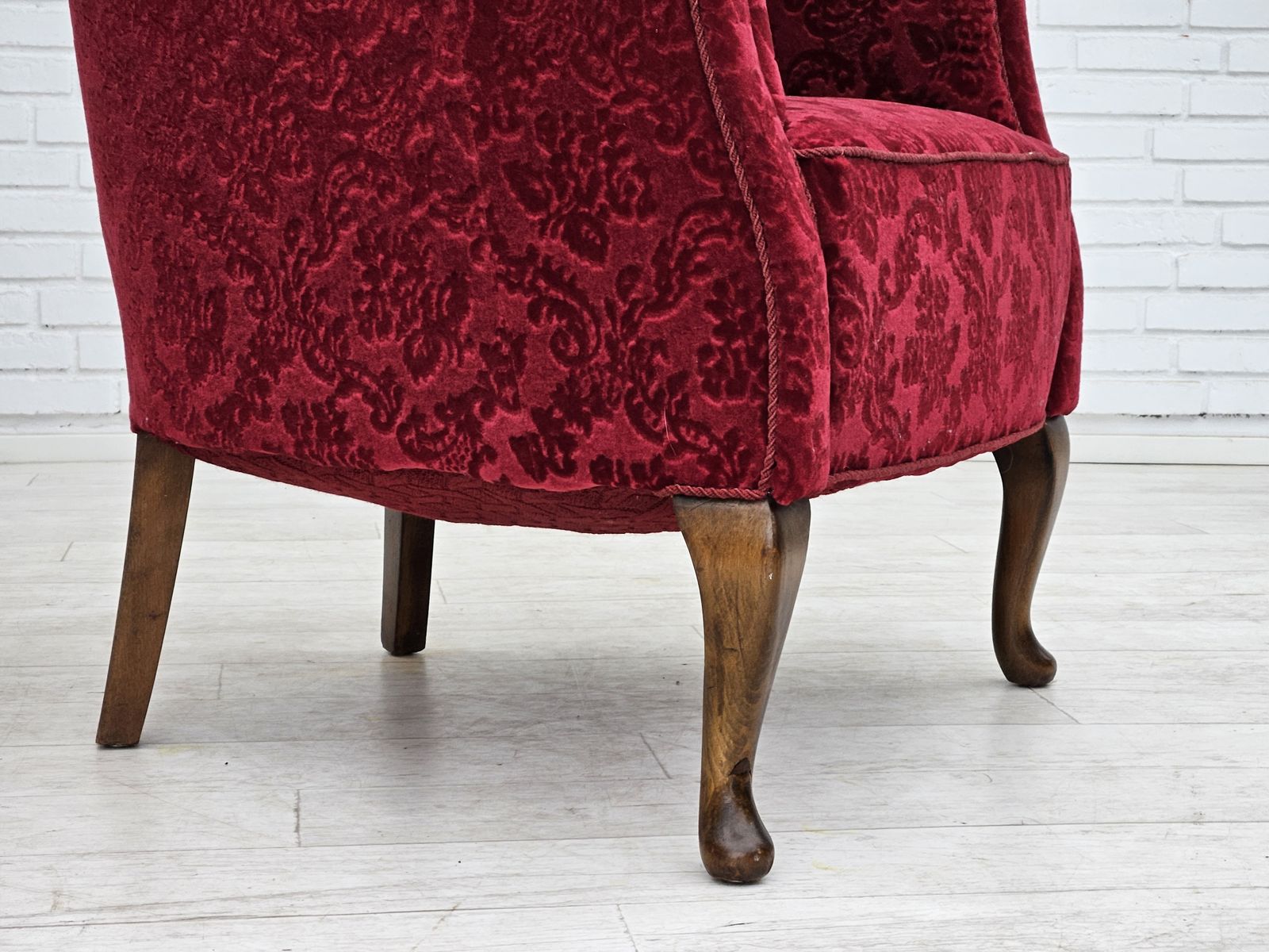 1950s, Pair Of Danish Lounge Chairs, Red Cotton/Wool Fabric. photo for sale