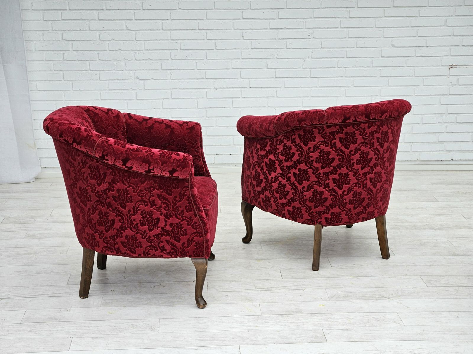 1950s, Pair Of Danish Lounge Chairs, Red Cotton/Wool Fabric. photo vinterior