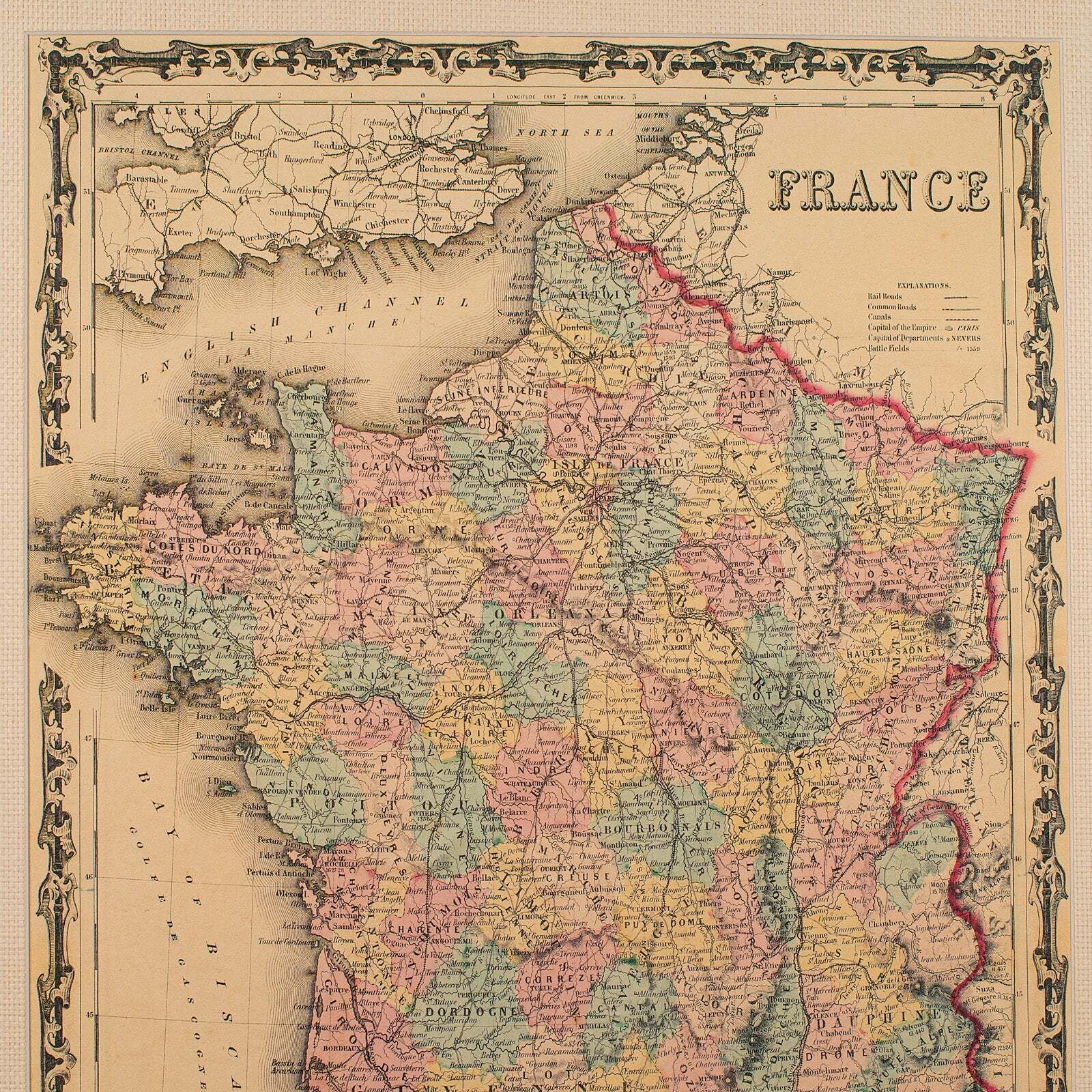 Large Vintage France Map, Continental, Historical Cartography, Late 20th Century photo for sale