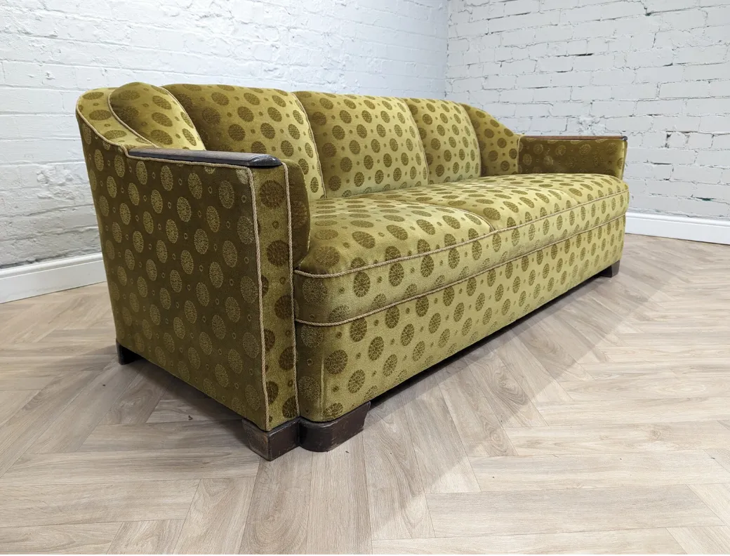 Mid Century Art Deco Swedish Gold Velour & Beech 3 Seater Cocktail Sofa 1930 photo Furniture
