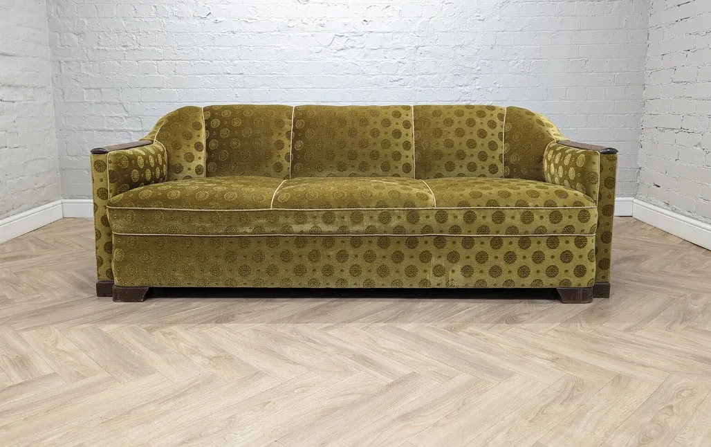 photo furniture Mid Century Art Deco Swedish Gold Velour & Beech 3 Seater Cocktail Sofa 1930