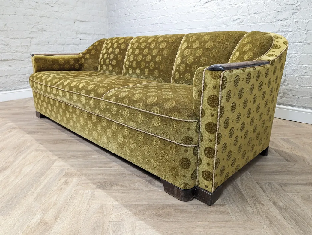 photo for sale Mid Century Art Deco Swedish Gold Velour & Beech 3 Seater Cocktail Sofa 1930