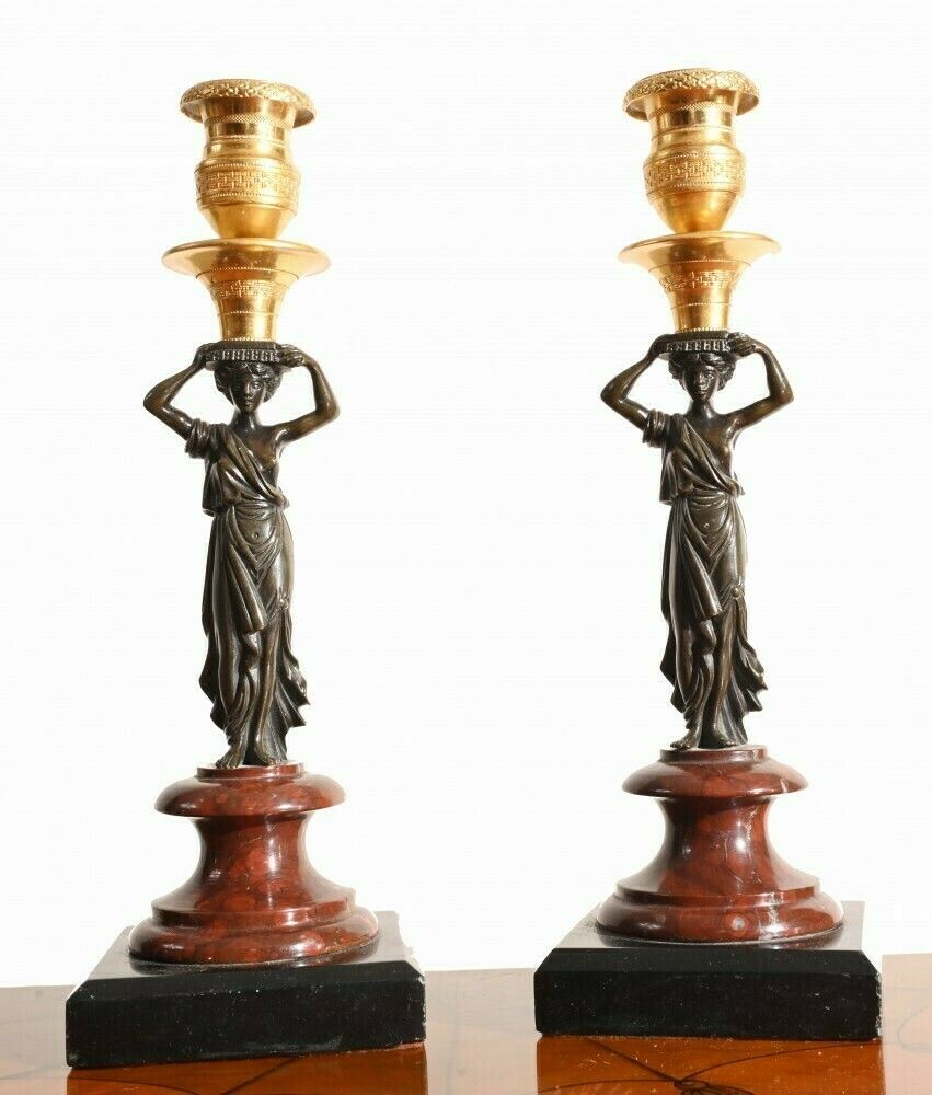 Pair Grand Tour Candelabras Marble Bronze Maiden 1840