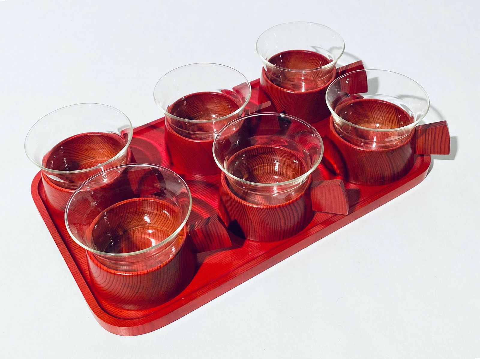 Red Wooden Tea Set With Six Glasses Plus Tray Schott Mainz Jenaer Glas / Vintage Decor 1960s