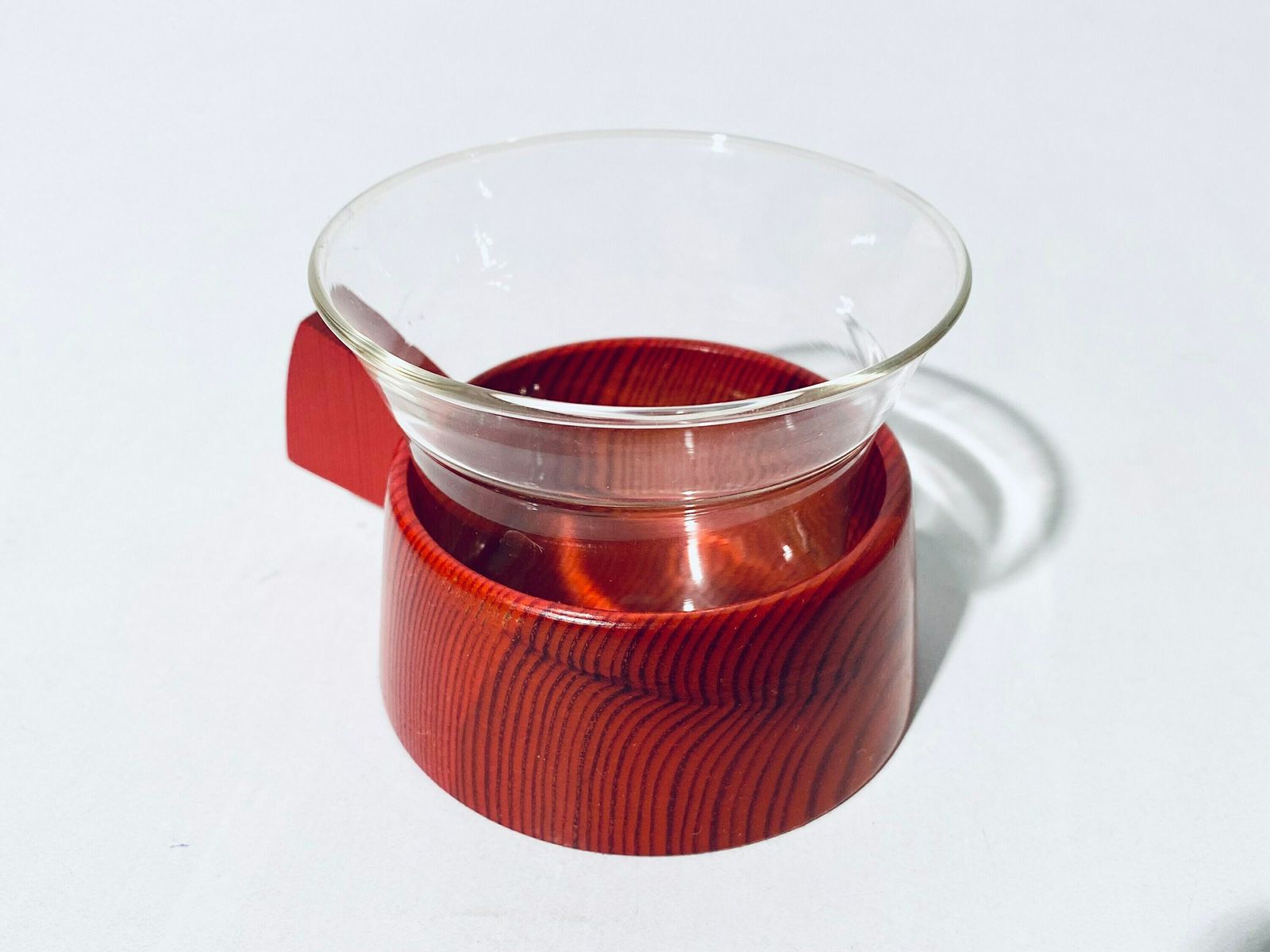Red Wooden Tea Set With Six Glasses Plus Tray Schott Mainz Jenaer Glas / Vintage Decor 1960s photo for sale