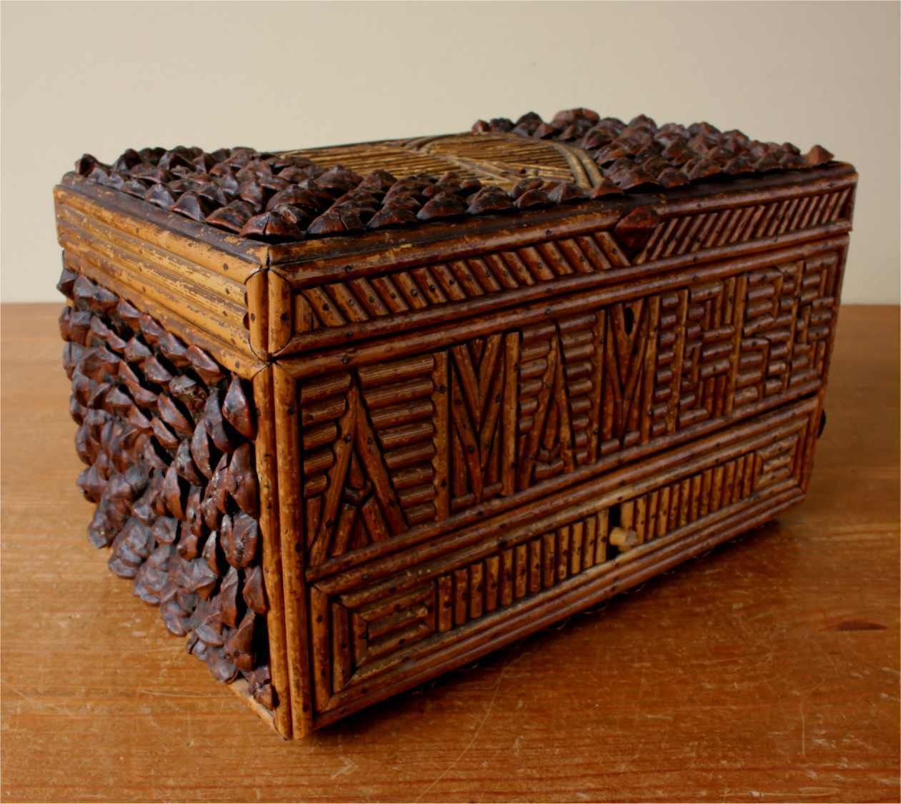 Folk Art Wooden Box & Pine Cone Scale Decoration. Ma Mere French. C1920. photo vintage