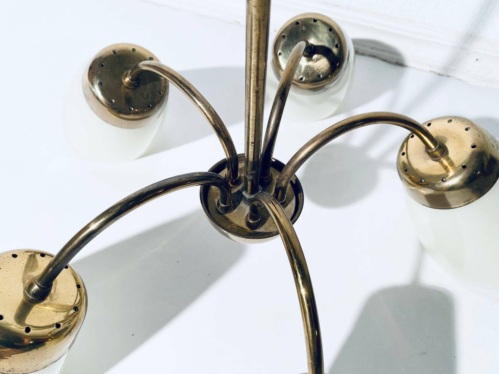 Mid Century Gold Chandelier Ceiling Lamp With Five Lamps / Rockabilly Interior 1950s photo vintage