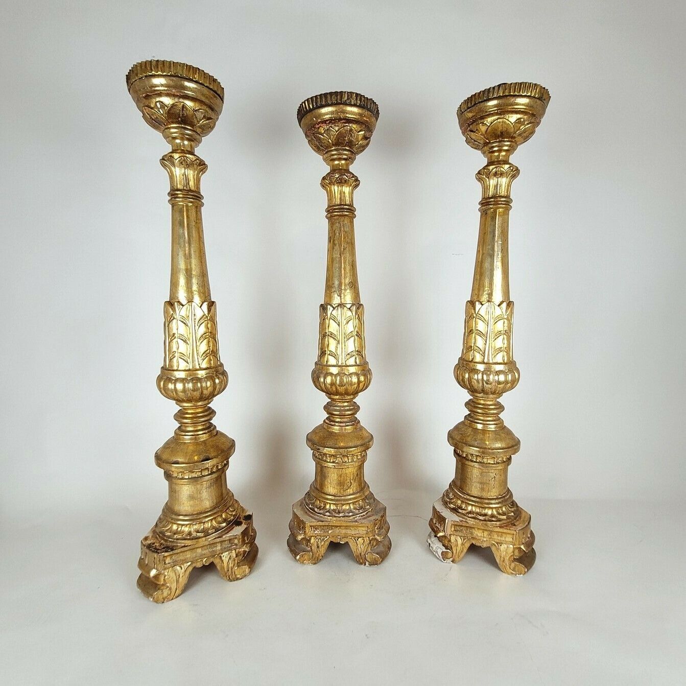 Home Decor Suite Of 3 Large Candlesticks In Golden Wood, Early 19th Century Flag photo