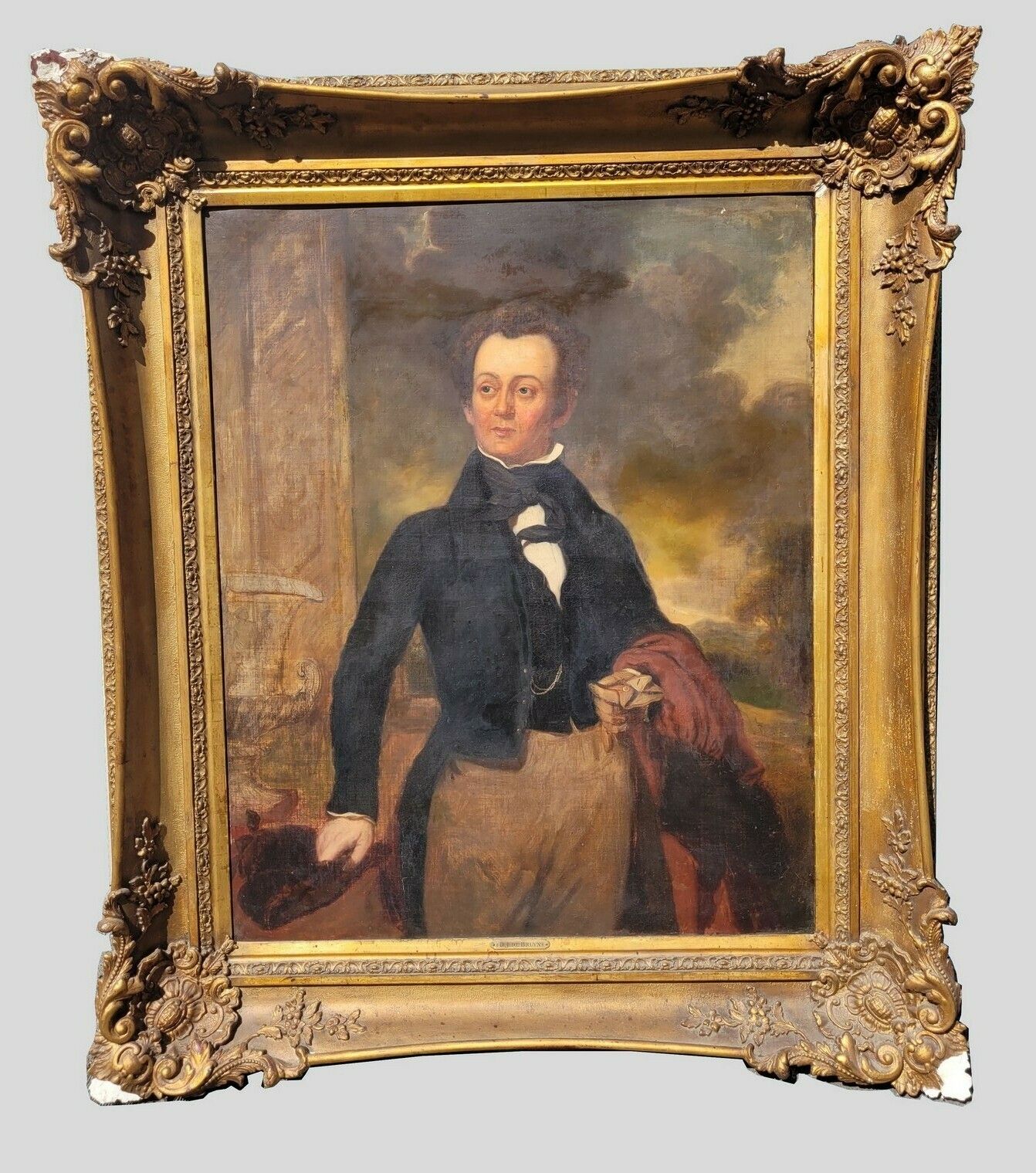 Portrait Of An Aristocrat, Large Oil On Framed Canvas, 19th Century Flag