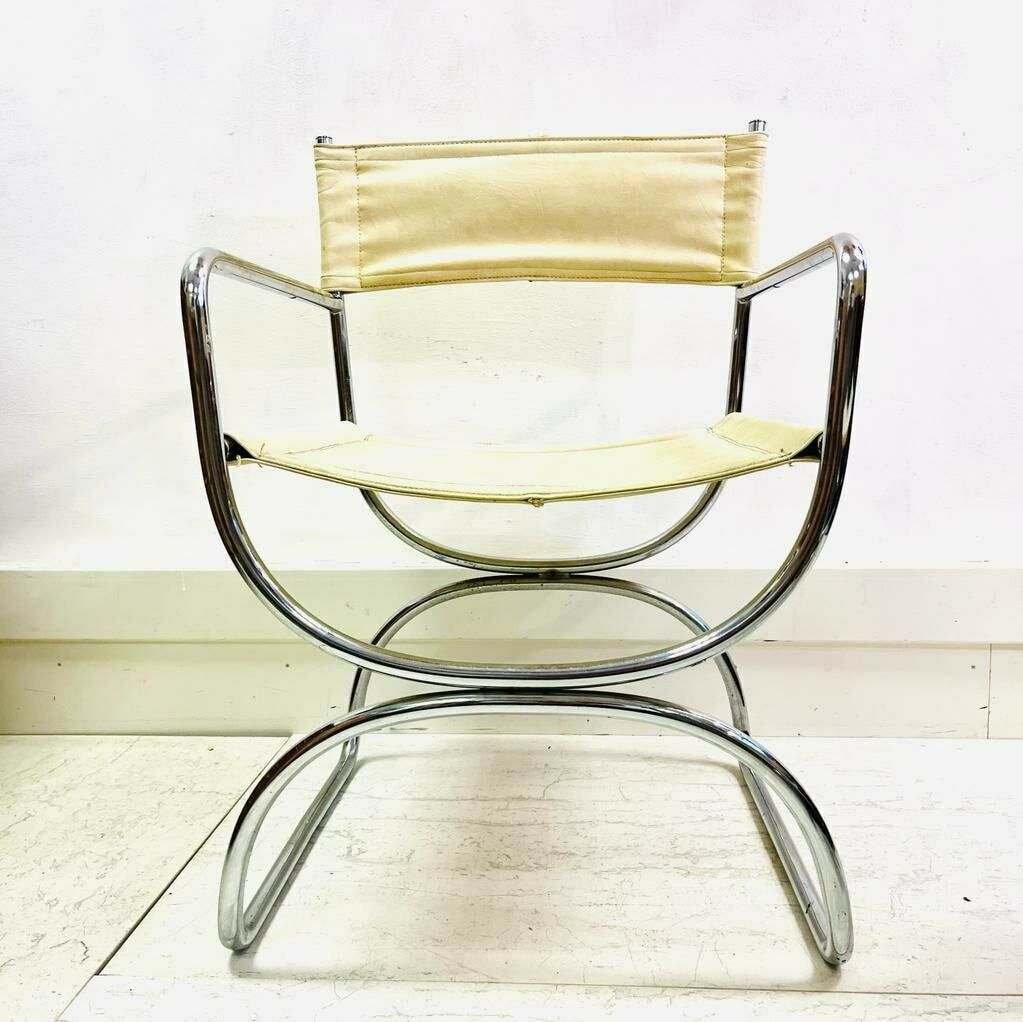 A Pair Of Mid Century Cream Leather And Chrome Chairs Dining Chairs photo furniture