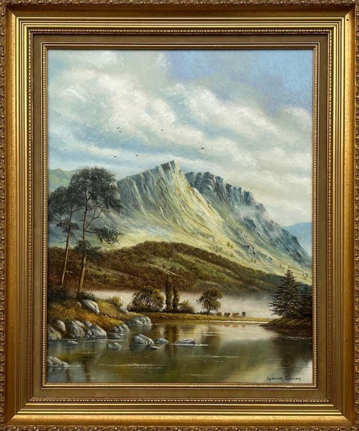 Spencer Coleman Oil Painting Of Mountain Countryside Scene With Lake, Birds & Cattle In England