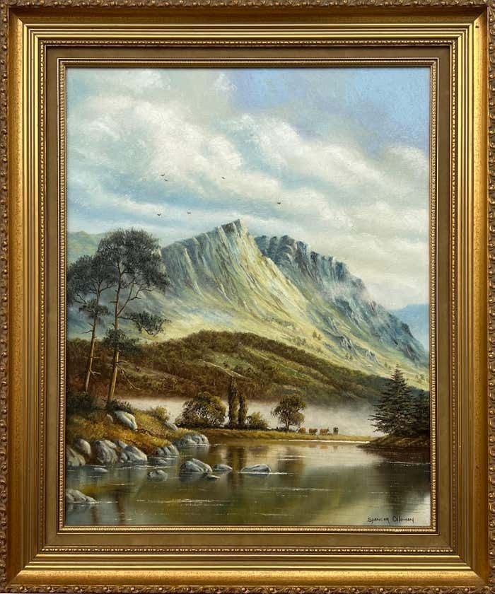 Spencer Coleman Oil Painting Of Mountain Countryside Scene With Lake, Birds & Cattle In England photo furniture