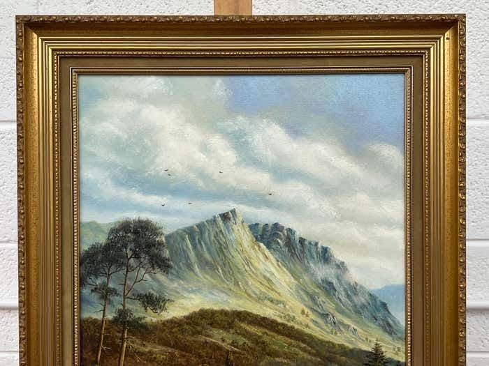 Spencer Coleman Oil Painting Of Mountain Countryside Scene With Lake, Birds & Cattle In England photo for sale