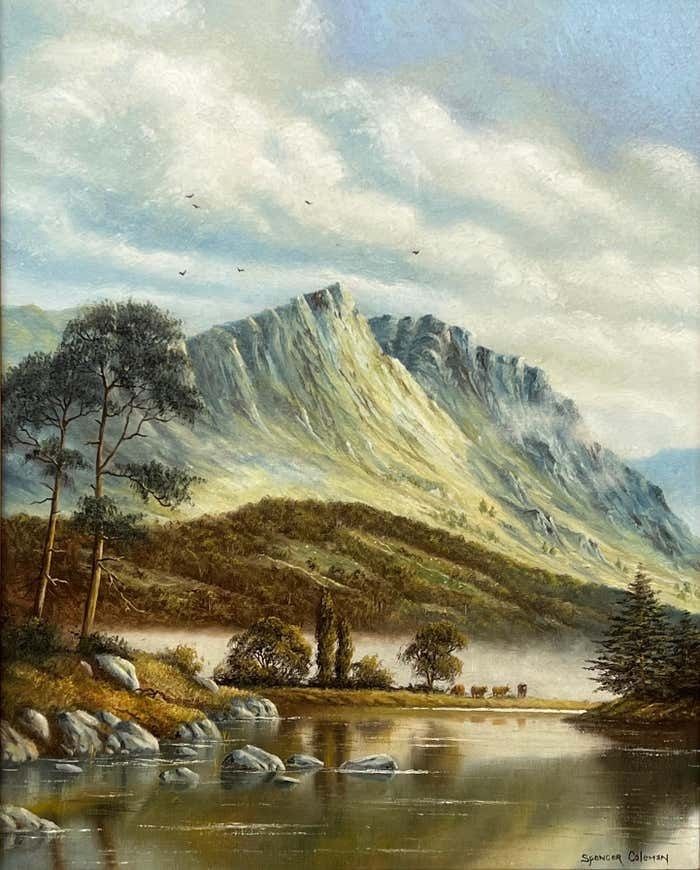 Spencer Coleman Oil Painting Of Mountain Countryside Scene With Lake, Birds & Cattle In England photo buy