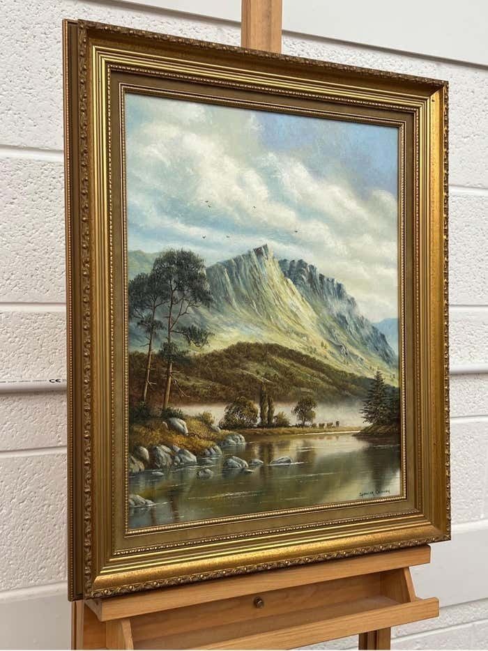 Spencer Coleman Oil Painting Of Mountain Countryside Scene With Lake, Birds & Cattle In England photo vintage