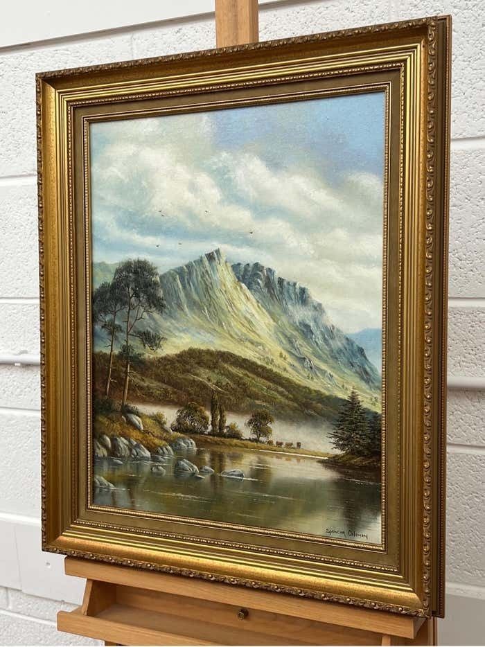 photo furniture Spencer Coleman Oil Painting Of Mountain Countryside Scene With Lake, Birds & Cattle In England