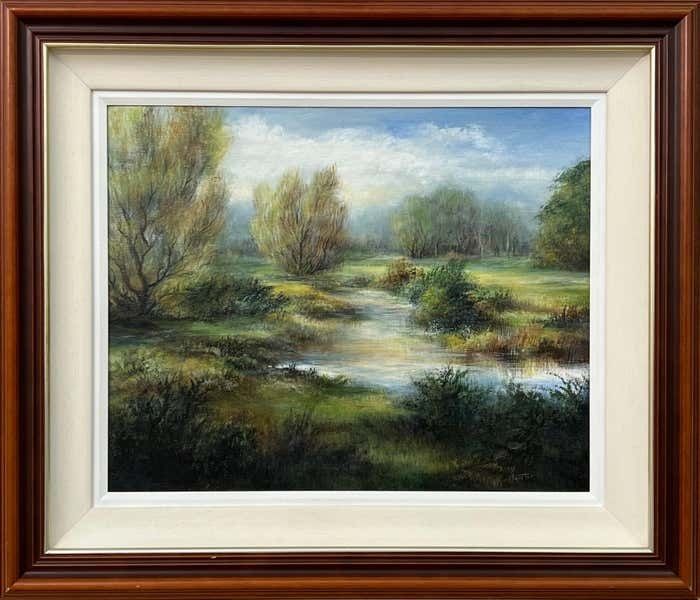 Doris Houston River Landscape Painting Of A Summer Evening In Ireland By 20th Century Artist 1998