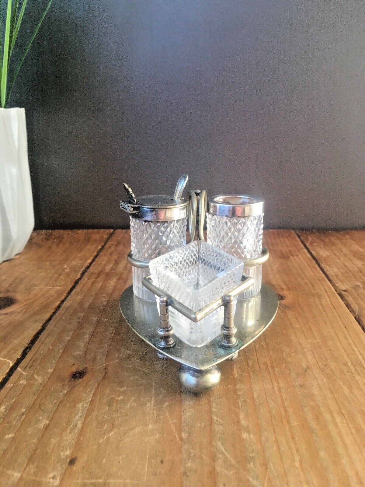Antique Art Nouveau John Grinsell & Sons Cruet Set Silver Plate Glass Heart Tray photo Home Decor