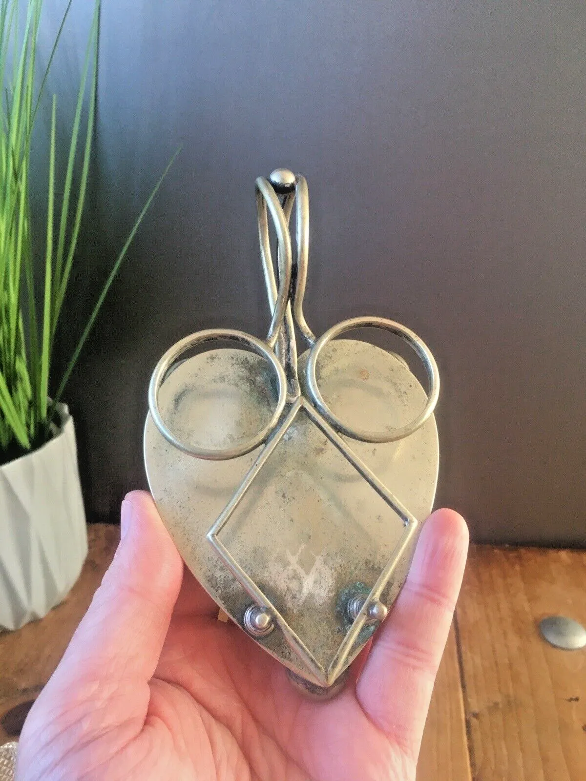 Home Decor Antique Art Nouveau John Grinsell & Sons Cruet Set Silver Plate Glass Heart Tray photo