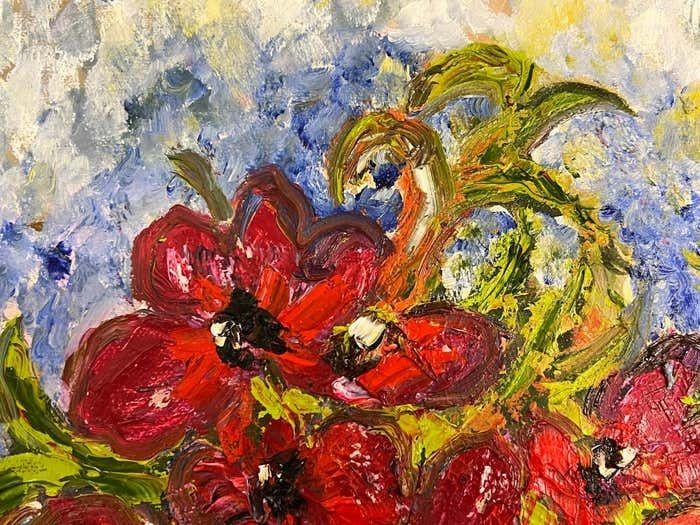 1299.0 Rose Elizabeth Moorcroft Expressive Still Life Painting Red Rose Flowers 'Red For Love' By British Artist 2000 Circa photo