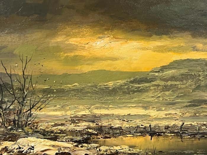 photo for sale Joop Smits Painting Of The Winter Sunshine With Mountain Lake By 20th Century Dutch Artist 1995 Circa