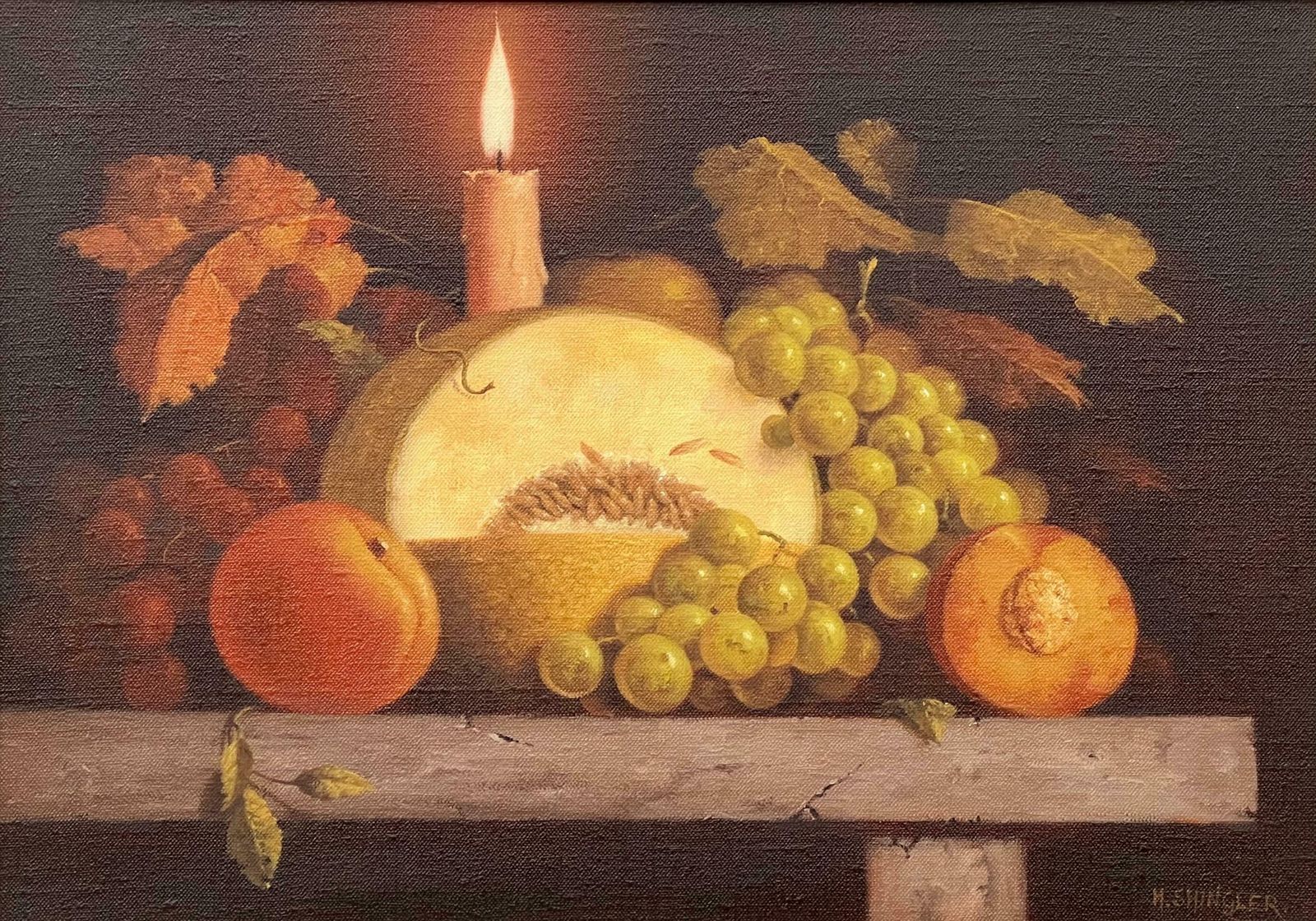 photo furniture Howard Shingler Traditional Interior Still Life Oil Painting Of Fruit & Candle By British Artist 1985 Circa