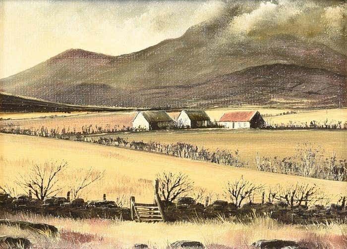 Derek Quann Small Oil Painting Of Cottages In The Mournes In Ireland By Contemporary Artist 1985 Circa photo Art