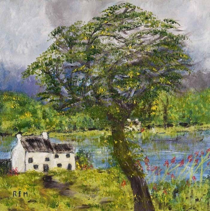 Rose Elizabeth Moorcroft Abstract Landscape With Farm House And Tree In Ireland By British Artist 2000 Circa photo for sale