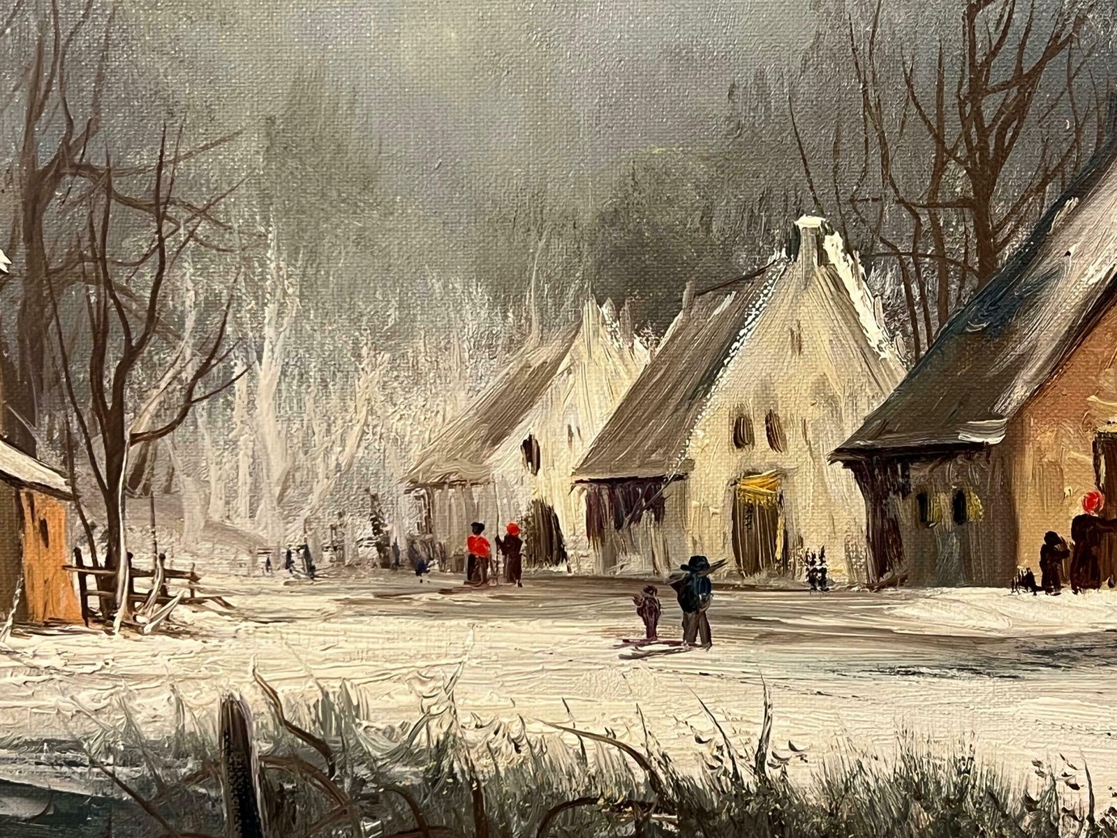 3450.0 Gunter Seekatz European Village In Winter Snow With Figures & Frozen Pond By German Artist 1972 photo
