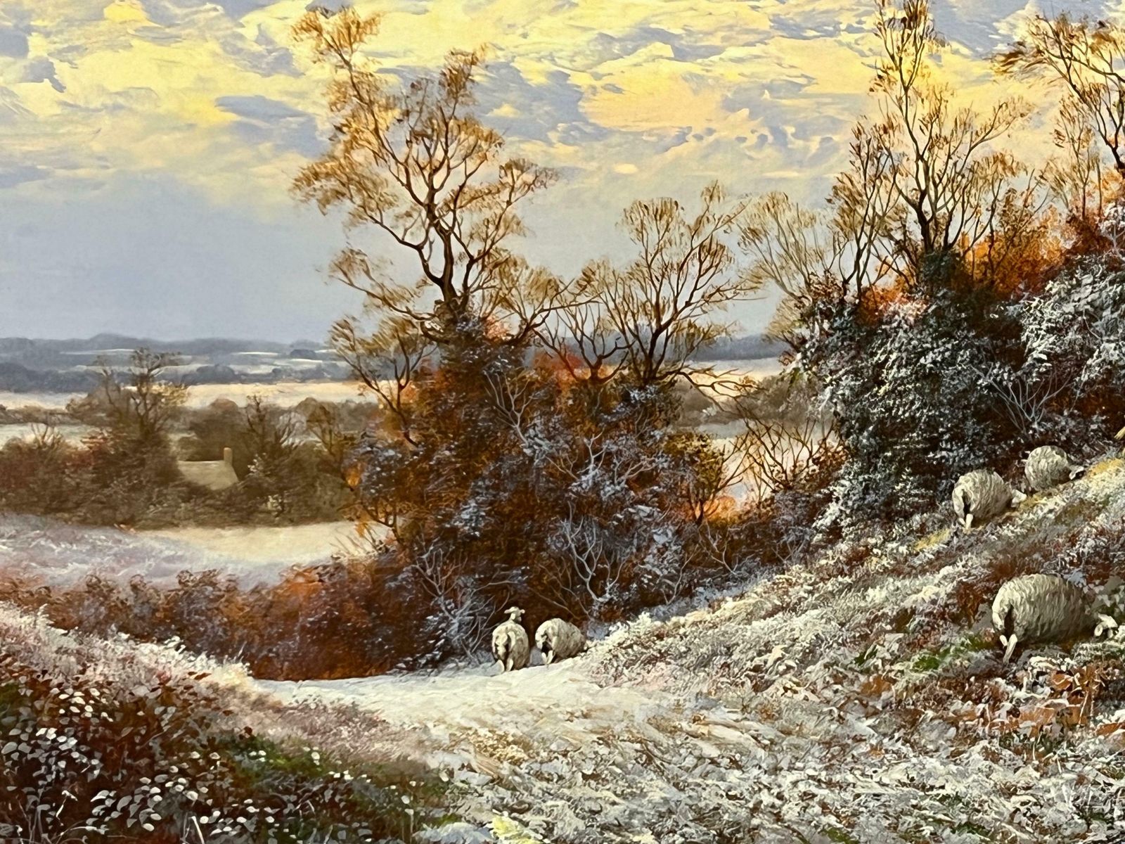 photo for sale Noel Ripley Winter Sunset With Sheep & Farmer In The English Countryside By British Artist 1985 Circa