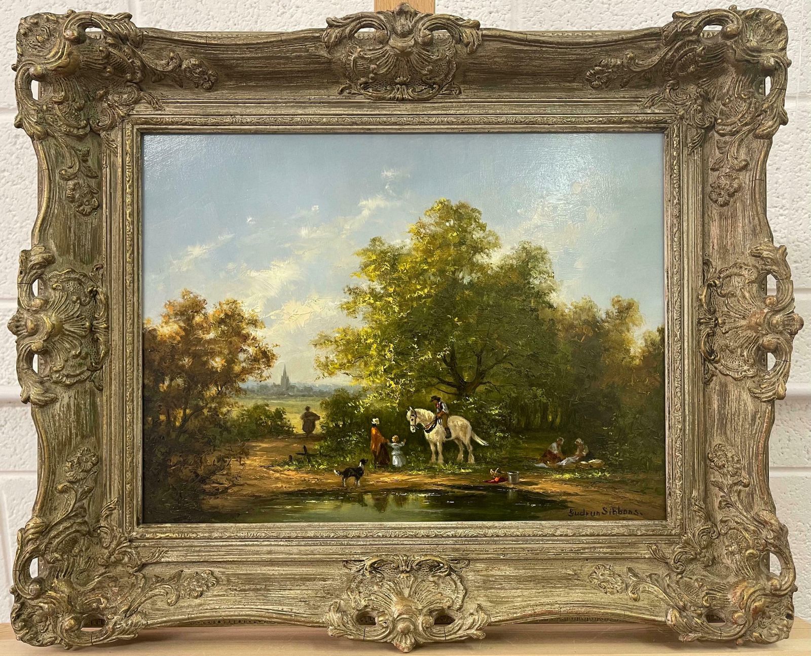 Gudrun Sibbons Oil Painting Of Family Picnic By The River With Horse & Dog By British Artist  1960 Circa photo for sale