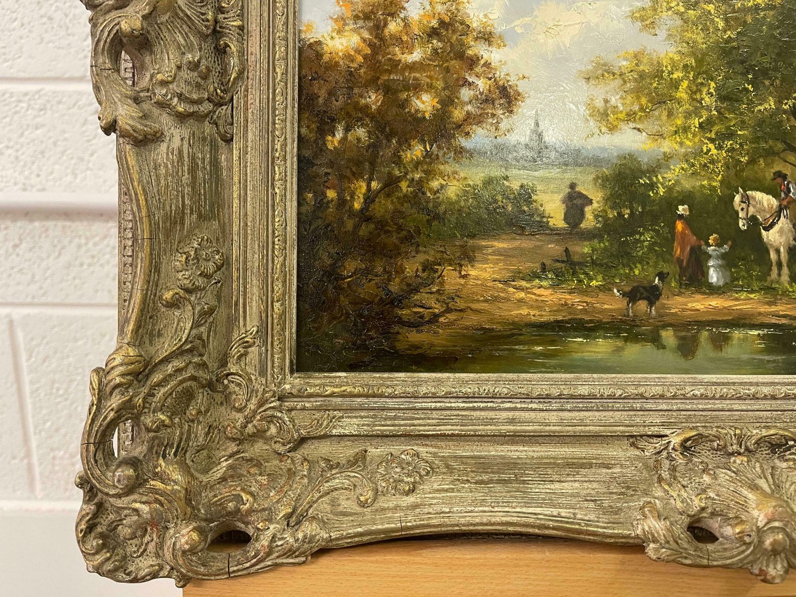 Gudrun Sibbons Oil Painting Of Family Picnic By The River With Horse & Dog By British Artist  1960 Circa photo vinterior