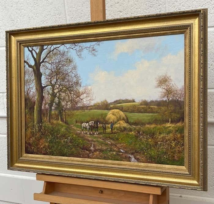 James Wright Horses With Ploughmen In The English Countryside By Realist Landscape Artist 1990 Circa photo Art