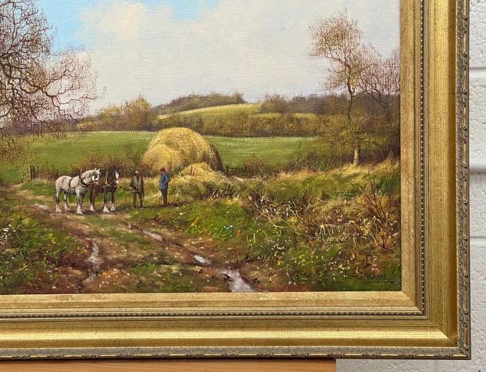 James Wright Horses With Ploughmen In The English Countryside By Realist Landscape Artist 1990 Circa photo vintage