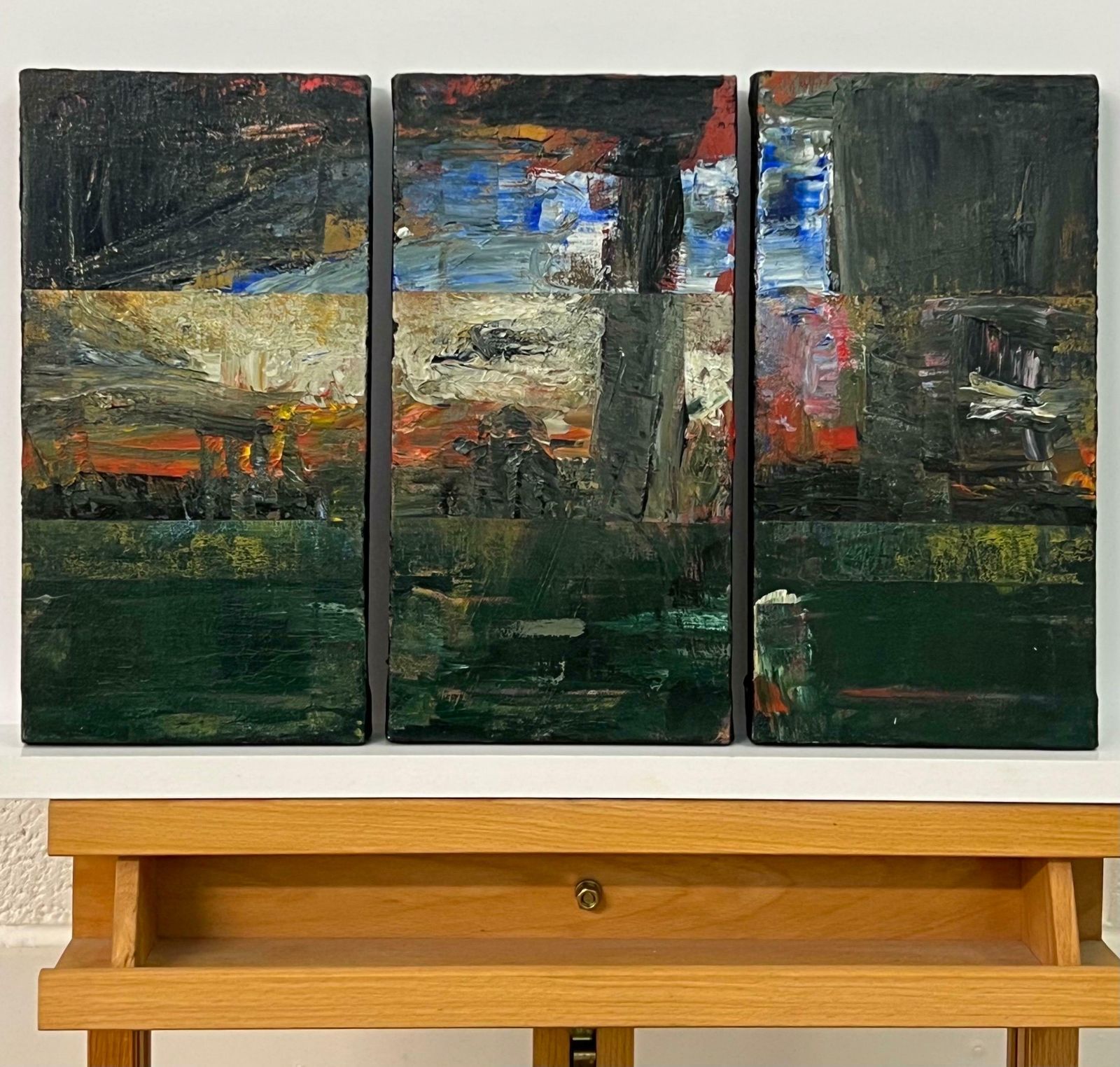 Angela Wakefield Small Triptych Abstract Forest Trees Landscape Painting By British Urban Artist 1999 photo for sale