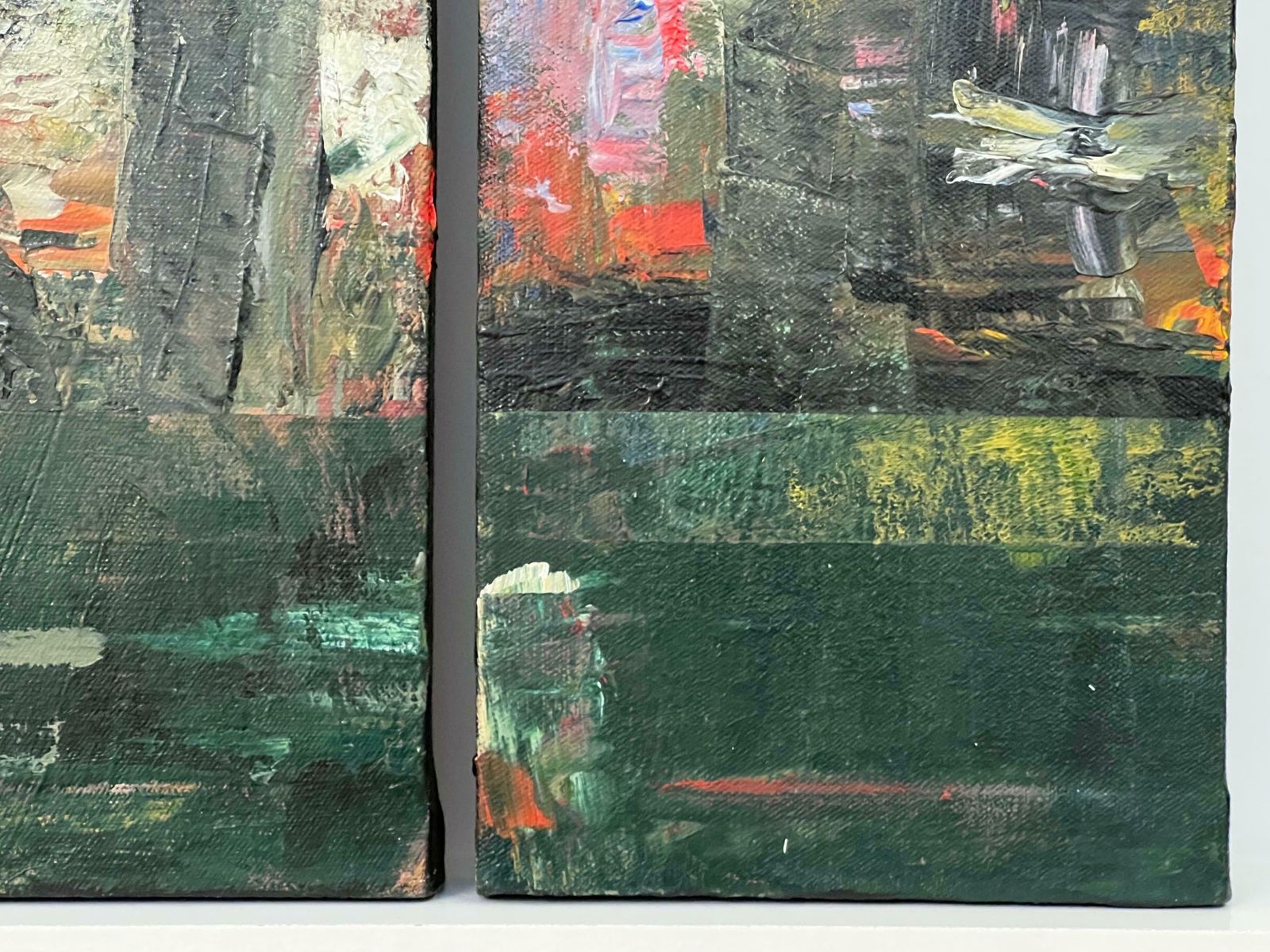 Angela Wakefield Small Triptych Abstract Forest Trees Landscape Painting By British Urban Artist 1999 photo vintage